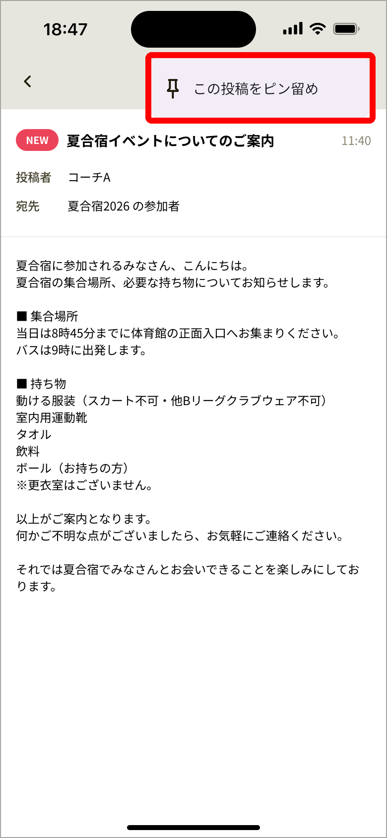 投稿詳細の［この投稿をピン留め］