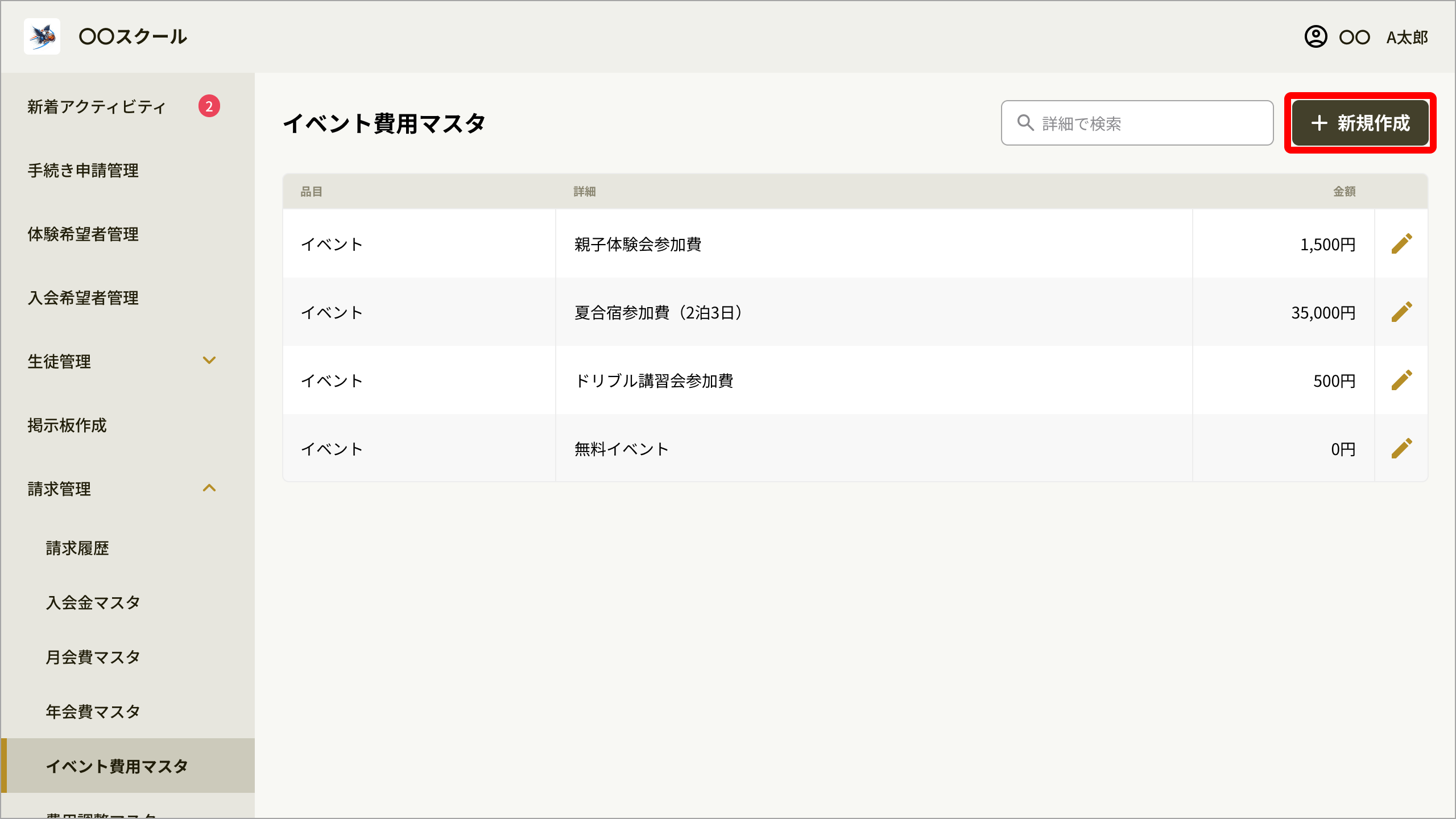 イベント費用マスタ画面の［新規作成］ボタン