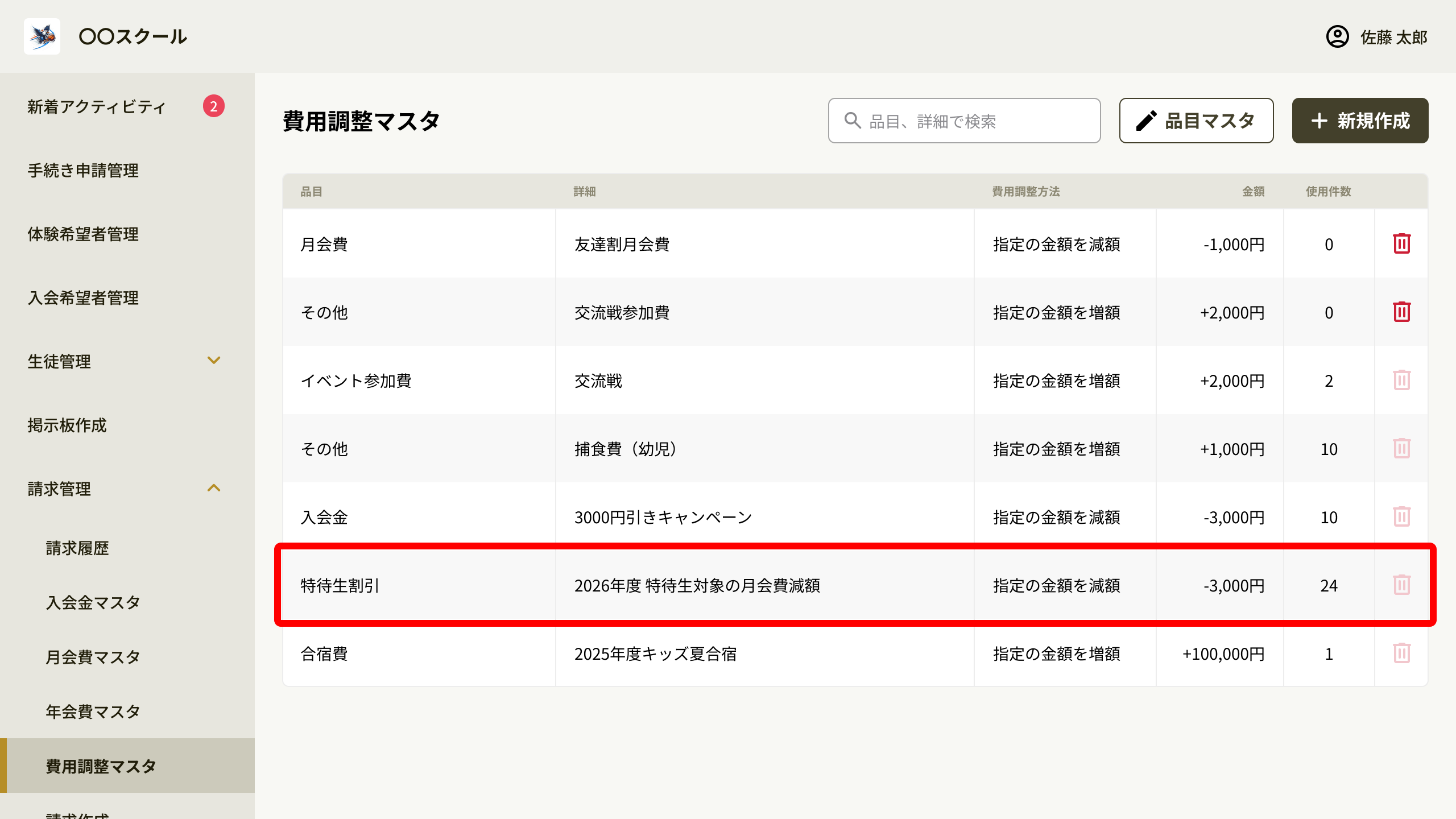 費用調整マスタの一覧で費用調整の行を押下する