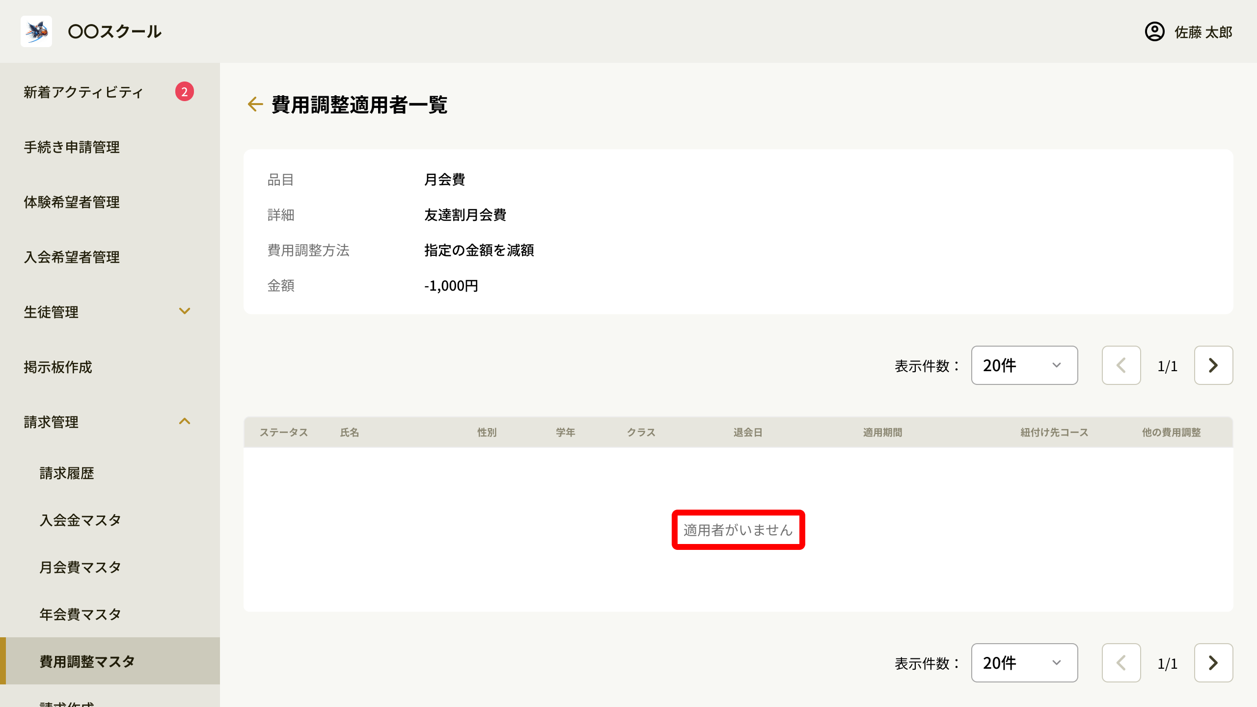 適用者がいない場合の表示